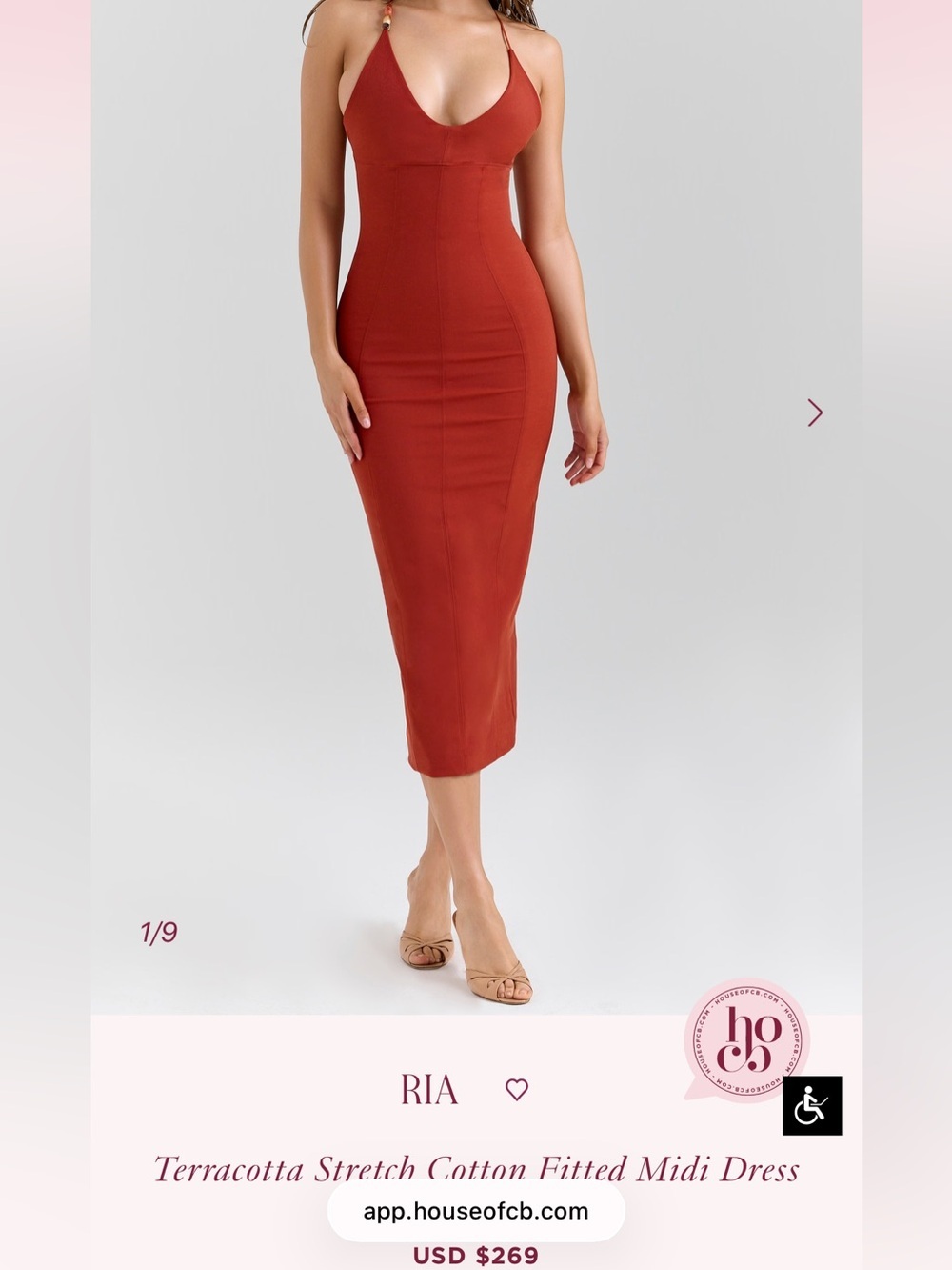 Rust Bodycon Midi Dress with Spaghetti Straps